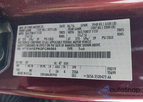 2016 Ford F150 Supercrew z USA, uszkodzony, nr VIN 1FTEW1EP6GFC66565